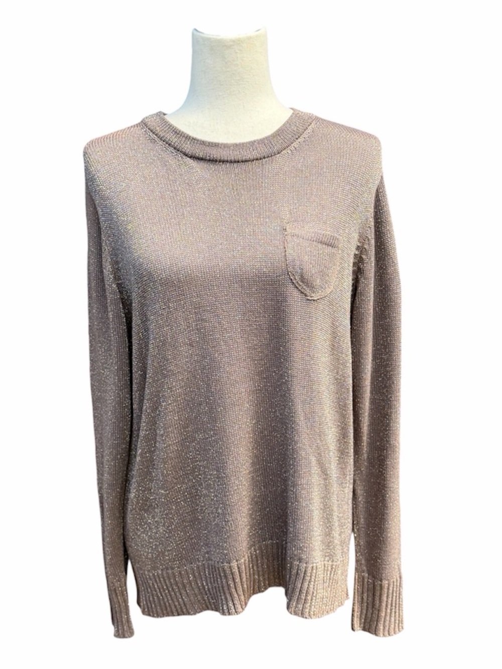 Duna Metallic Crewneck Sweater w pocket Handloomed in CA Bamboo Greige taupe S